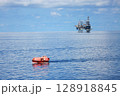 Life boat in gulf or sea to support oil and gas platform, Safety equipment to protect worker when fire case in oil and gas industry, Evacuation equipment in and and gas platform, Safety equipment  128918845