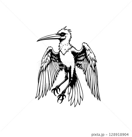Striking black and white illustration of a heron in majestic flight pose Striking black and white illustration of a heron in majestic flight pose 128918904