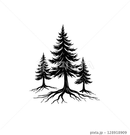 Silhouette Illustration of Evergreen Trees with Exposed Roots on White Background 128918909
