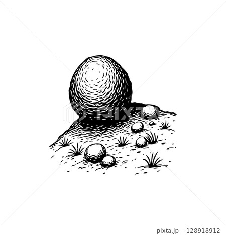 Monochrome illustration of a large ball resting on a small hill with rocks around 128918912