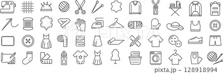 ベクターでモノクロの裁縫に関する線画アイコンセット 128918994