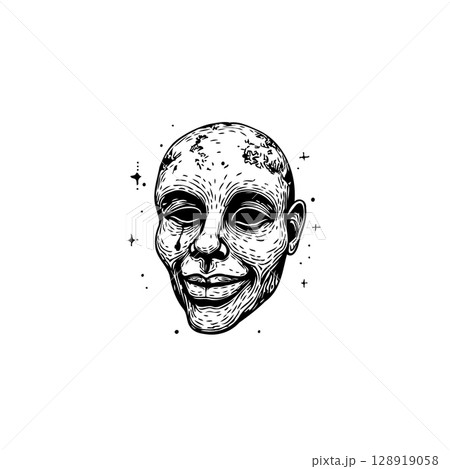 Eerie Engraving: Detailed Monochromatic Portrait of a Distorted Human Face 128919058