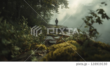 A man stands alone on rocks next to a misty river, surrounded by green trees and foliage. 128919130