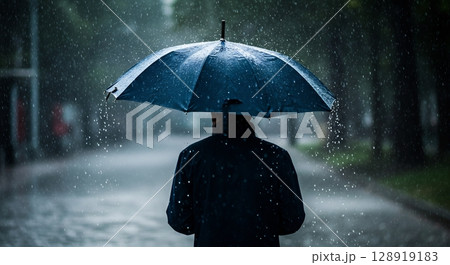 A man holds a dark umbrella, walking alone in heavy rain. 128919183