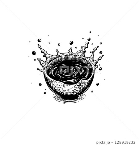 Captivating ink illustration showcasing a dynamic splash in a bowl, evoking motion 128919232