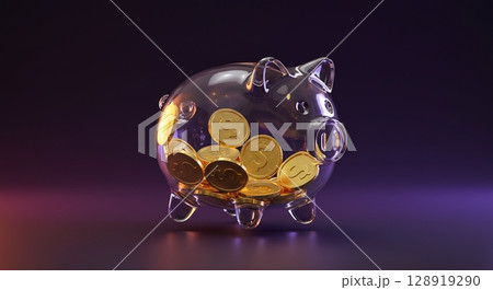 Glass piggy bank with dollar coins, saving money, finance and investment symbol. 128919290