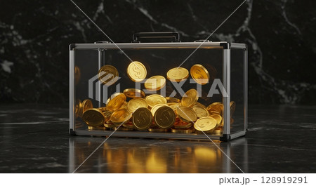 Golden dollar coins falling into a transparent container, symbolizing savings, wealth, and finance. 128919291