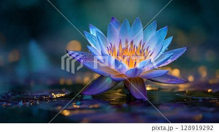 Beautiful blue lotus flower blooming on water, serene and vibrant scene. 128919292