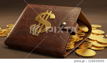 Brown wallet with gold dollar sign, overflowing with coins. A symbol of wealth. 128919293