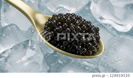 Golden spoon full of delicious black caviar on a bed of ice cubes. Luxury food concept. 128919310
