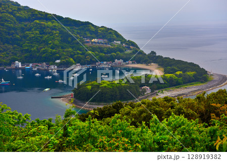 中部地方・伊豆半島・出逢い岬・展望台から見下ろす不思議な形の岬、御浜岬・静岡県沼津市戸田(2) 128919382