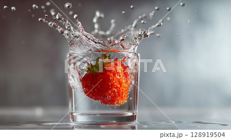 Vivid splash as a ripe strawberry drops into a clear glass of water. 128919504