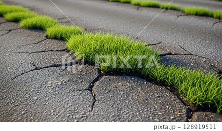 Fresh green grass grows vigorously in deep cracks of old asphalt pavement. Fresh green grass grows vigorously in deep cracks of old asphalt pavement. 128919511