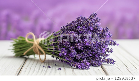 Fresh fragrant lavender bouquet on white wooden table with blurred background. 128919537