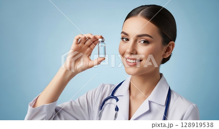 Smiling young doctor holding a clear medical vial, light blue background. 128919538
