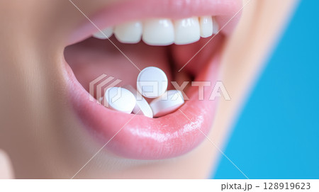 Close up of mouth holding overdose white pills, showcasing oral medication consumption 128919623