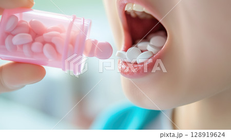 Close up of person taking overdose multiple pills from pink container, highlighting medication consumption 128919624