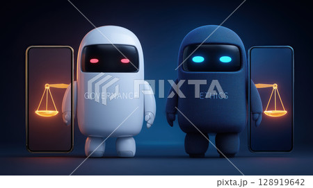 Two cute robots stand with smartphones displaying scales, symbolizing governance and ethics in technology 128919642