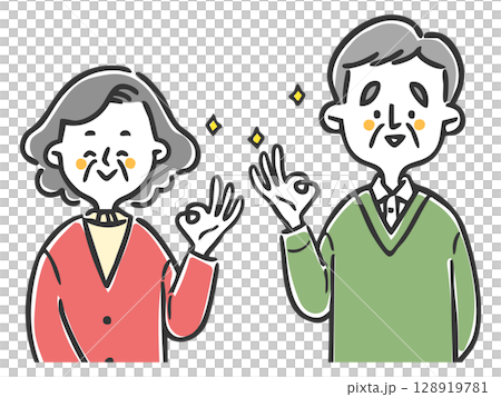 Senior couple making an OK sign, upper body, vector 128919781