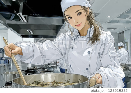 レストランの厨房で料理を作る女性のイラスト素材 128919885