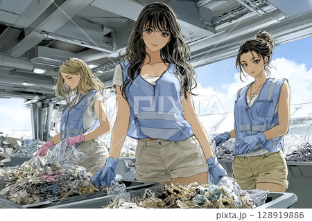 リサイクルセンターで働く女性のイラスト素材 リサイクルセンターで働く女性のイラスト素材 128919886
