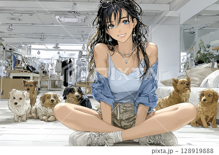 わんこカフェ　犬に囲まれて笑顔になる女性のイラスト素材 128919888