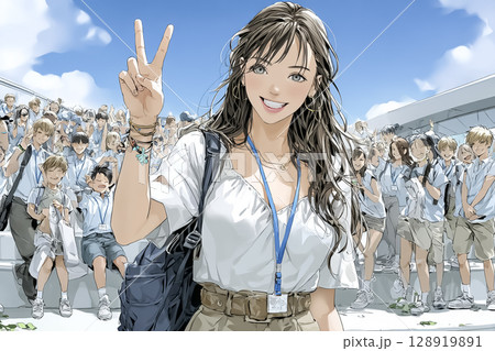 遠足の集合写真撮影で生徒の前でVサインをする女性教員のイラスト素材 128919891