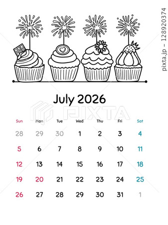 2026年7月ぬり絵カレンダー 2026年7月ぬり絵カレンダー 128920374