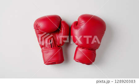 Pair of red boxing gloves for martial arts and strength training Pair of red boxing gloves for martial arts and strength training 128920383