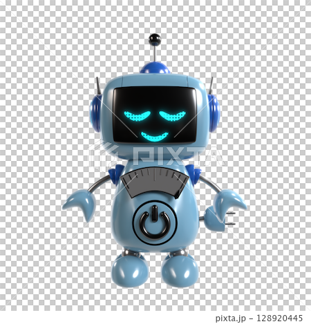 圖：一個可愛的藍色機器人面向前方站立，閉著眼睛休息 128920445