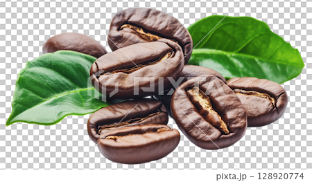 Fresh roasted coffee beans fruit with leaf isolated on white background png transparent clipart. Fresh roasted coffee beans fruit with leaf isolated on white background png transparent clipart. 128920774