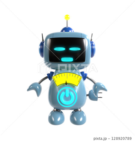 真顔で立つ青いロボットキャラクターと黄色いメーター表示 真顔で立つ青いロボットキャラクターと黄色いメーター表示 128920789