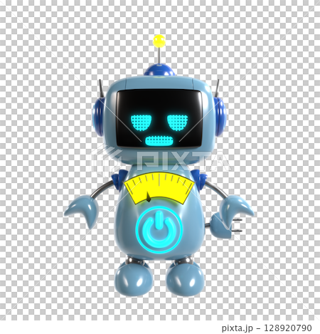 A blue robot character standing with a dirty look and a yellow meter display A blue robot character standing with a dirty look and a yellow meter display 128920790