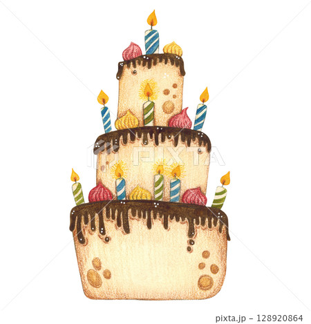Three-tier cake with chocolate drizzle and candles. Watercolor illustration hand drawn, cartoon. Drawing for stickers, posters, prints on paper, fabric. Birthday, holiday 128920864