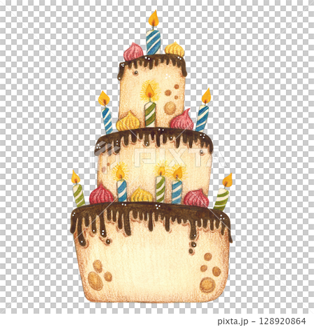 Three-tier cake with chocolate drizzle and candles. Watercolor illustration hand drawn, cartoon. Drawing for stickers, posters, prints on paper, fabric. Birthday, holiday 128920864