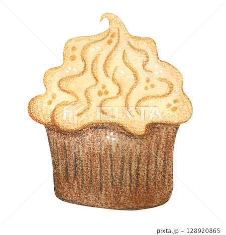 Cupcake with cream. Watercolor illustration hand drawn, cartoon. Drawing for stickers, postcards. Baking, treats, sweets, holiday, children, birthday 128920865
