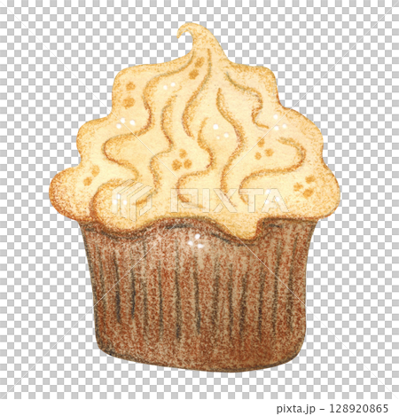 Cupcake with cream. Watercolor illustration hand drawn, cartoon. Drawing for stickers, postcards. Baking, treats, sweets, holiday, children, birthday 128920865