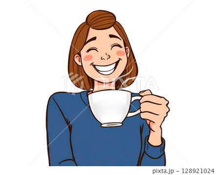 vector cartoon woman with cup of coffee 128921024