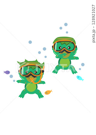 潜水する河童たちと魚のイラスト 潜水する河童たちと魚のイラスト 128921027