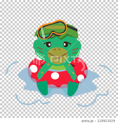 浮き輪を使って、まったりと流れていく河童のイラスト 128921029
