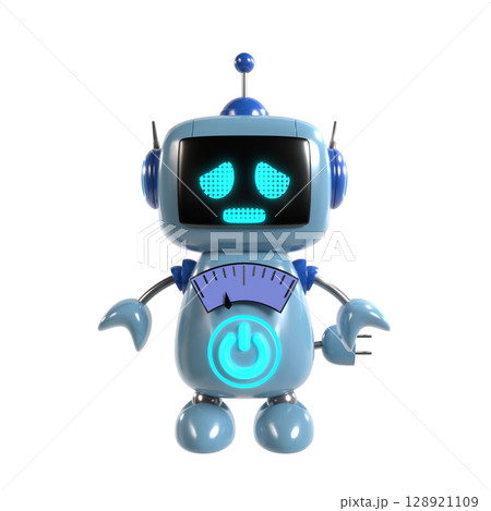 かわいい青いロボットのキャラクターが悲しい表情で正面を向いて立っているイラスト 128921109