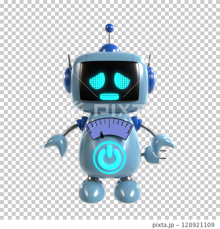 An illustration of a cute blue robot character standing facing forward with a sad expression 128921109