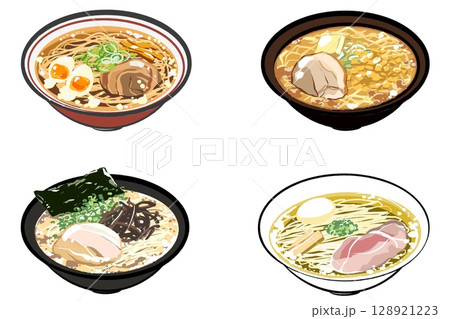 ラーメンの美味しそうなイラストセット 128921223