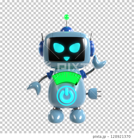 An illustration of a cute blue robot character raising his hand with a serious expression An illustration of a cute blue robot character raising his hand with a serious expression 128921370