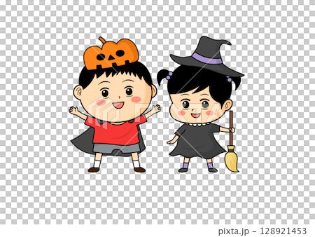 Illustration of kids dressed up for Halloween that can be used in flyers and catalogs Illustration of kids dressed up for Halloween that can be used in flyers and catalogs 128921453