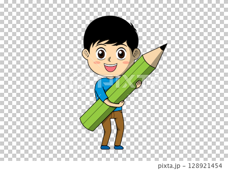 Illustration of a boy holding a pencil that can be used in study or cram school flyers and catalogs Illustration of a boy holding a pencil that can be used in study or cram school flyers and catalogs 128921454