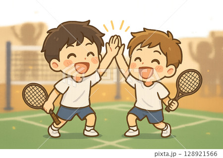 勝利のハイタッチをする大学生ペア(バドミントン試合後) 勝利のハイタッチをする大学生ペア(バドミントン試合後) 128921566