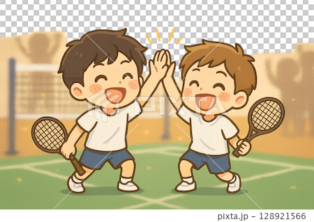 A pair of university students high-fiving in victory (after a badminton match) 128921566