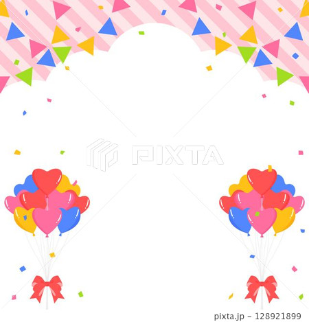 雲型の背景フレーム、ガーランド、ハートの風船、紙吹雪のデコレーション 128921899