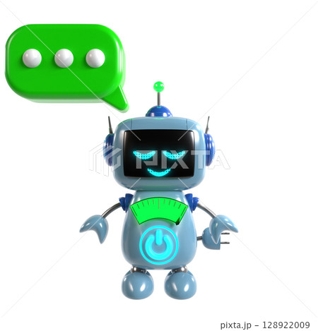 かわいい青いロボットのキャラクターがメッセージを考えているイラスト 128922009